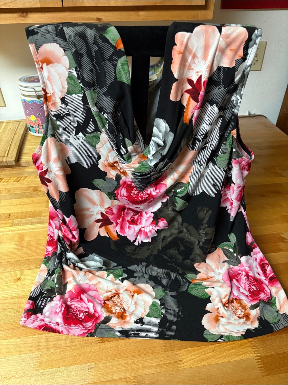 Calvin Klein Black Floral V-Neck Top with Pink & Peach Blooms